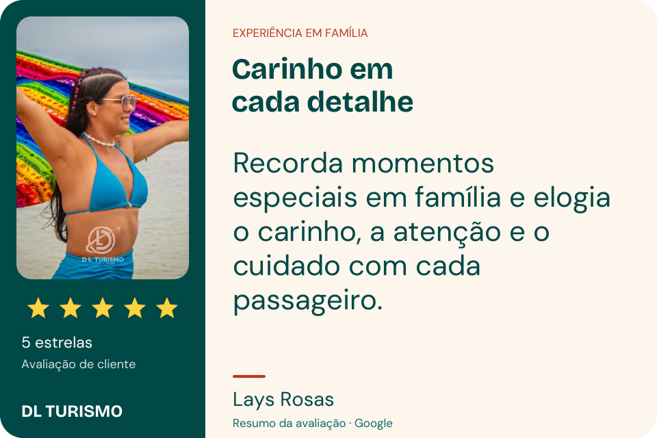 Resumo da avaliação de Lays Rosas, com foto da viagem
