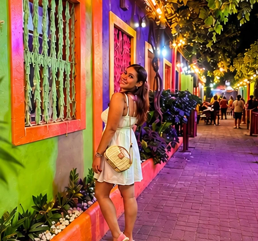 Mulher posando em uma rua colorida e iluminada, à noite